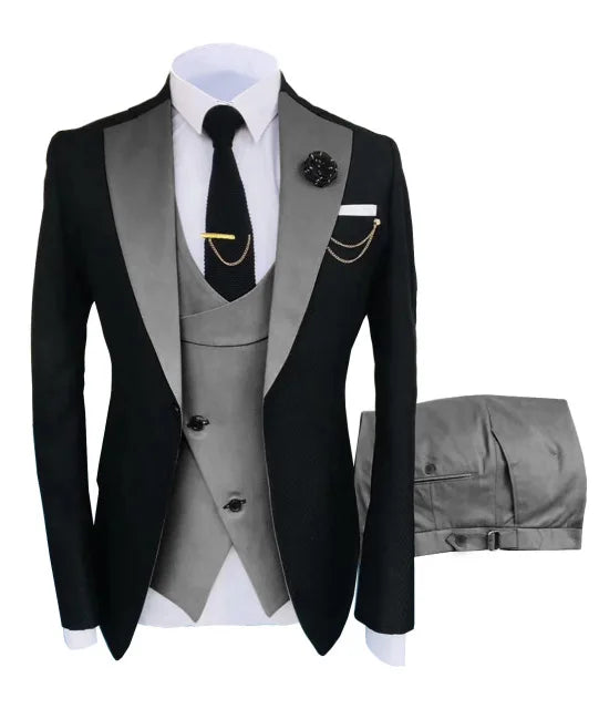 Black men's slim fit business suit with jacket, pants, and vest, perfect for formal weddings and special occasions.