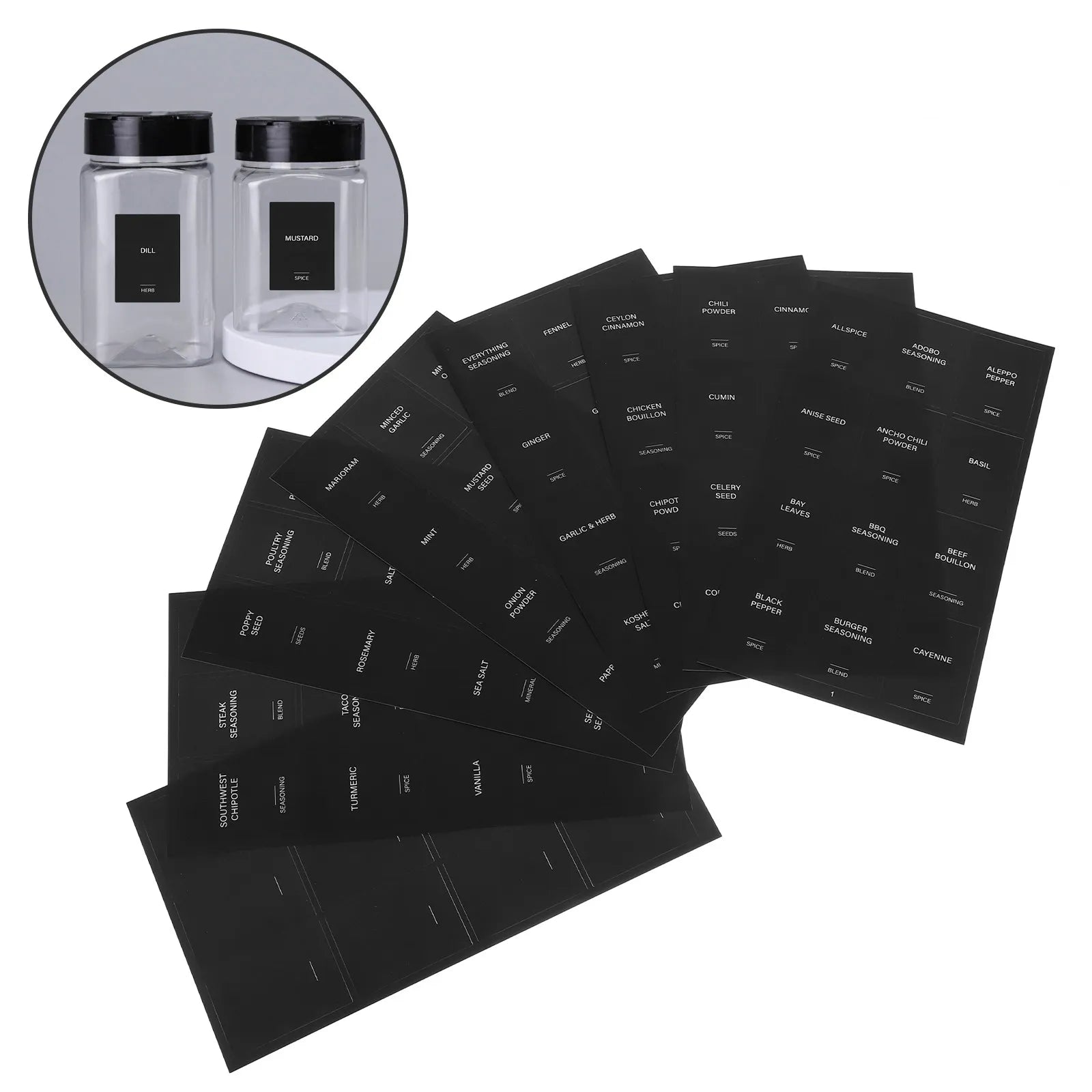 Set of 32 waterproof Showlu Spice Bottle Labels with rectangle pantry stickers for organizing spices in kitchen storage.