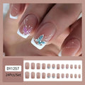 Set of 24 short square artificial fake nails with French white and pink design, reusable acrylic false nails with butterfly accents.