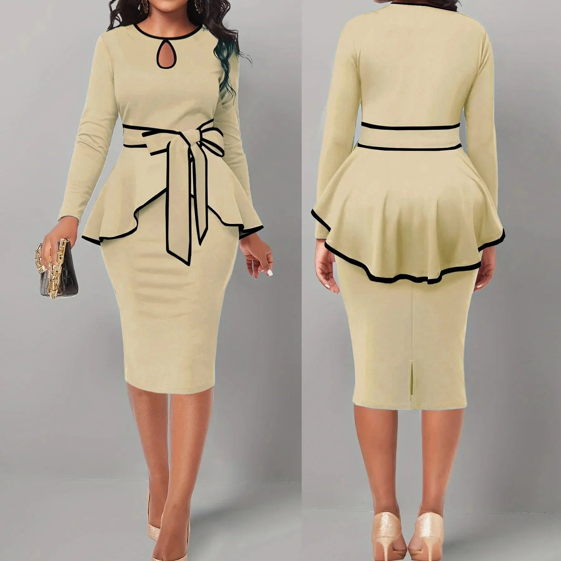 SHOWLU Women's 2-Piece Suit Dress with ruffle top and side slit skirt set, stylish and elegant for formal or casual occasions.