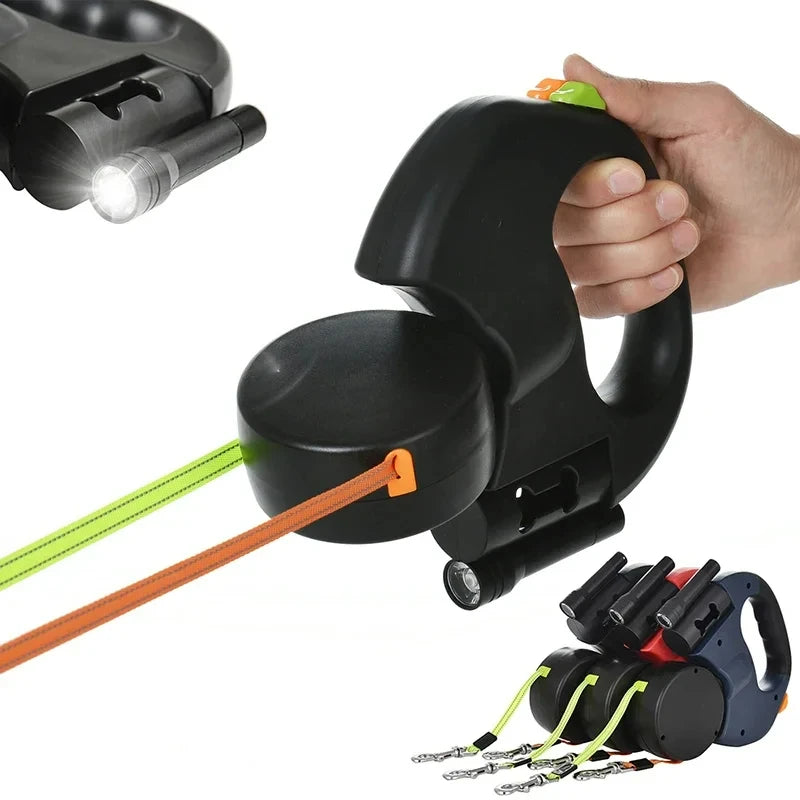 Showlu Double Dog Leash with 3m retractable dual ropes and LED flashlight, designed for walking two dogs simultaneously.