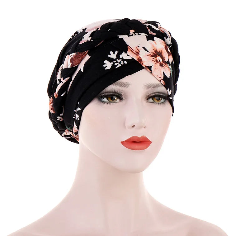 European and American print leopard hair silk scarf hat with flower accents, short braid style, suitable for women’s hijab fashion.