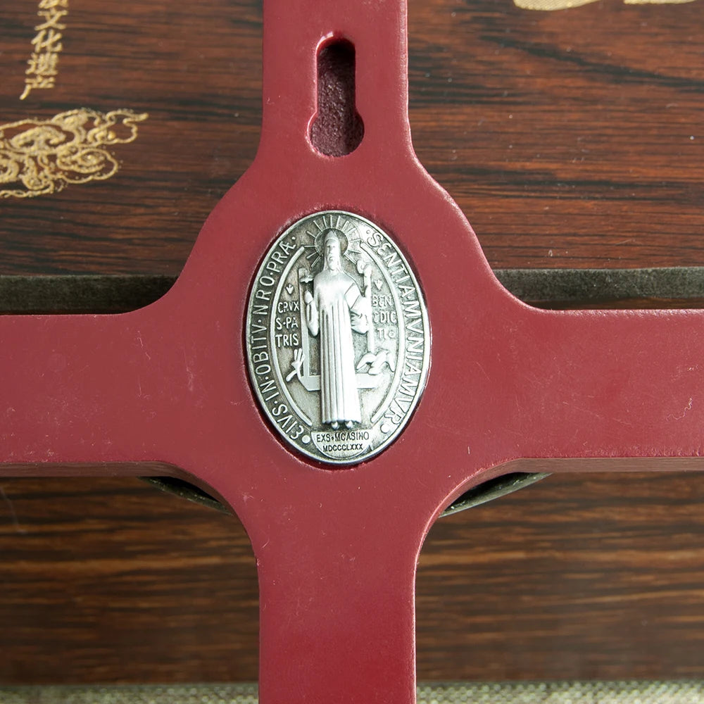Handmade Catholic wood cross with Jesus crucifix, St. Benedict medal, 4.3 inches, ideal for religious car decor or prayer altar.