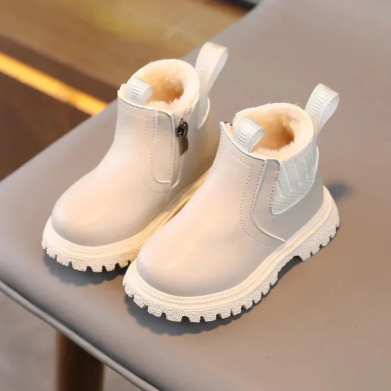 Sonkpuel kids winter snow boots for boys and girls, warm PU leather ankle shoes with durable soles, ideal for cold weather.