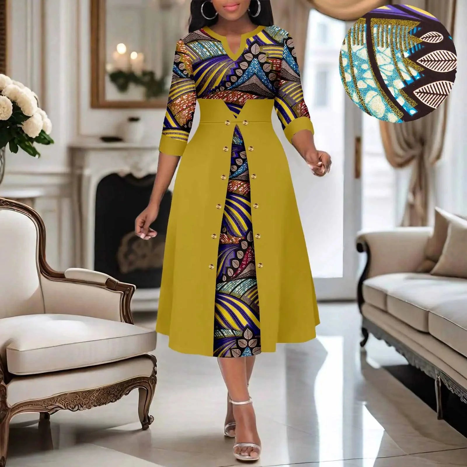 AFRIPRIDE women's Ankara print V-neck dress with cotton A-line midi skirt, featuring vibrant traditional African patterns.