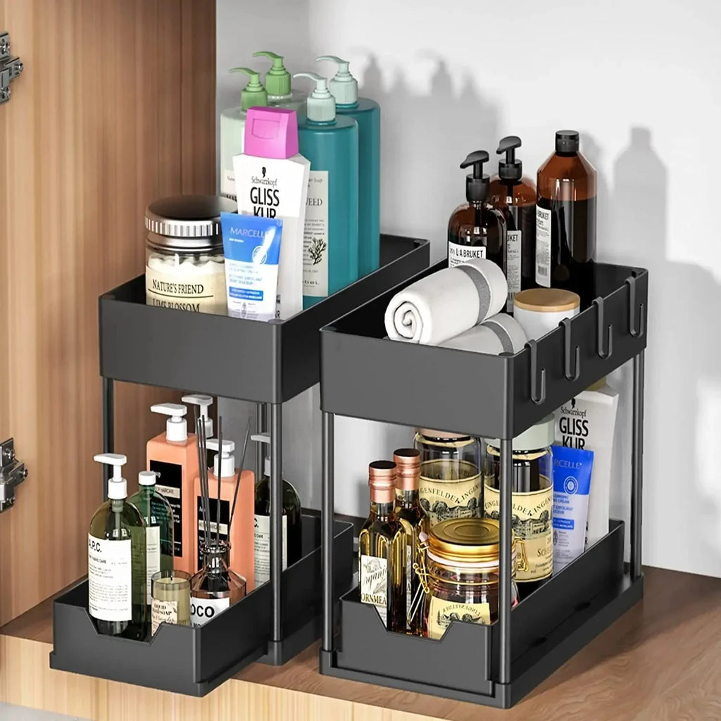 Showlu Smart General under sink organizer rack with multiple compartments for efficient kitchen or bathroom storage.