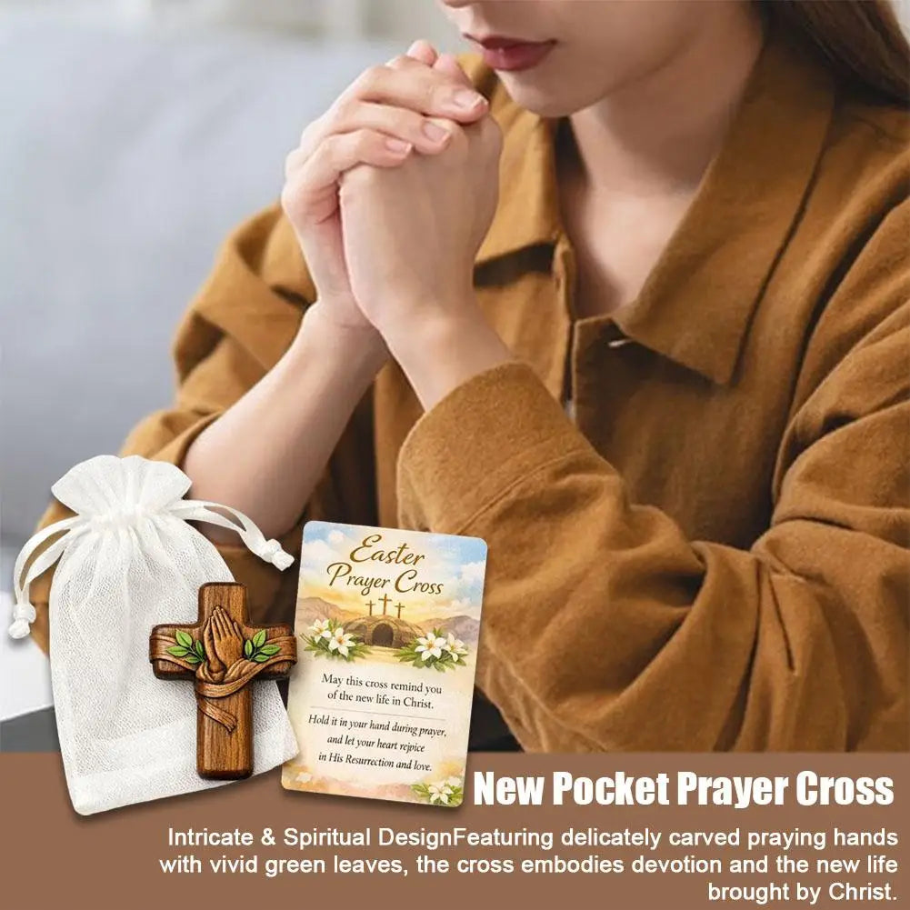 Small wooden pocket prayer cross with card and bag, portable Christian accessory for Easter, Christmas, or church favors.