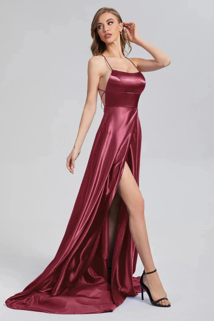 SHOWLU FASHION STORE satin bridesmaid dress with cowl neck, leg slit, and A-line silhouette, featuring elegant design and smooth fabric.