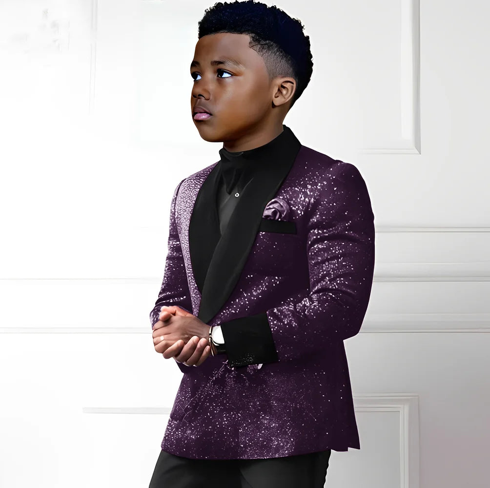 Sequin boys suit 2-piece set with double-breasted blazer and pants, stylish wedding tuxedo for kids ages 2-16.