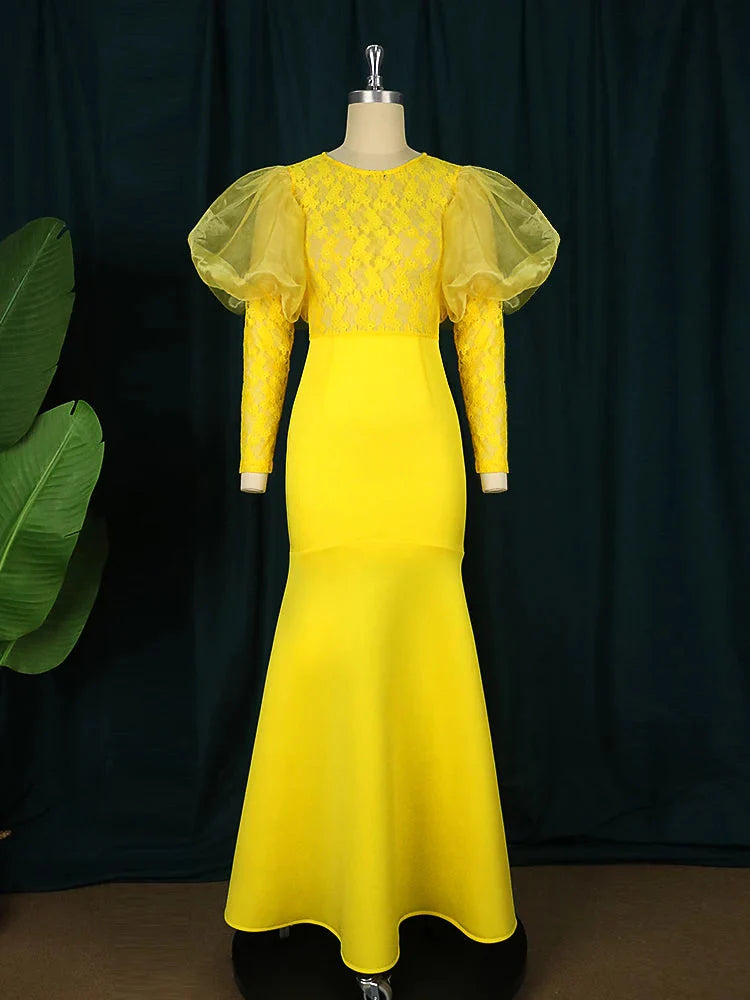 AOMEI women's lace mermaid evening gown with long sleeves, intricate lace details, and a fitted silhouette for formal occasions.
