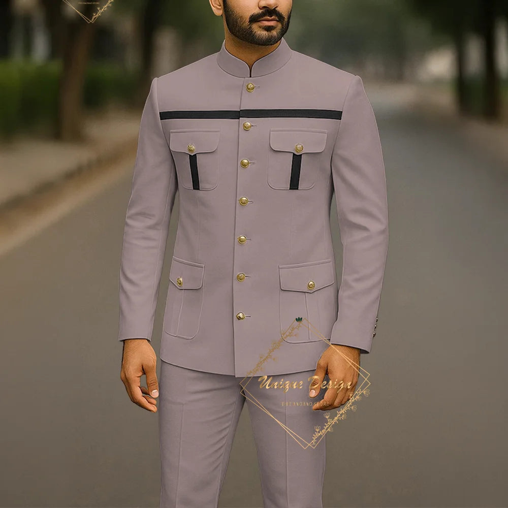 Ivory formal safari suit for men, custom made Indian groom attire, includes jacket and pants, slim fit party dress.