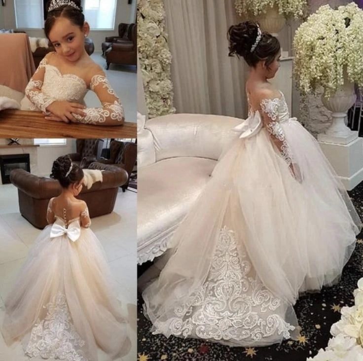 Lace flower girl dress with long sleeves and tulle skirt by Babyonline, featuring floral lace details for special occasions.