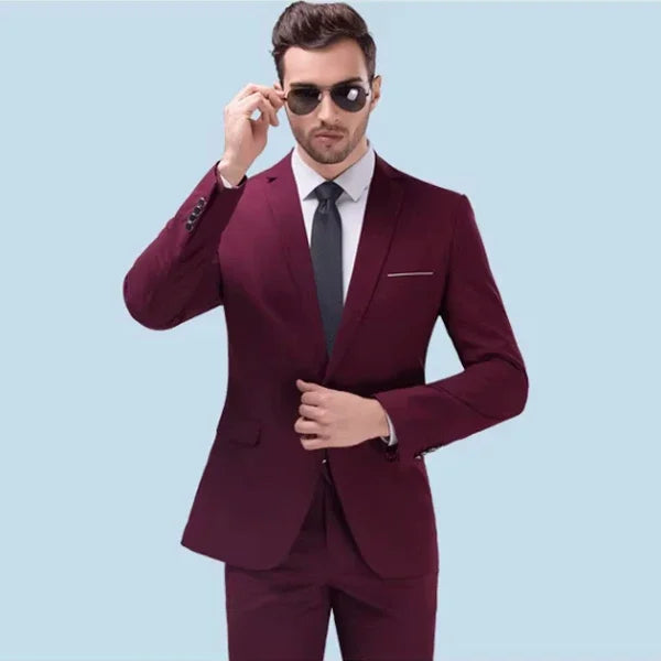 Showlu Fashion men's blazer and trousers set in solid color, suitable for office, formal events, or weddings.