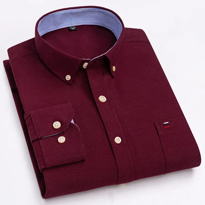 Men's long sleeve plaid Oxford shirt in solid color, regular fit, 100% cotton, oversized style, casual smart dress shirt