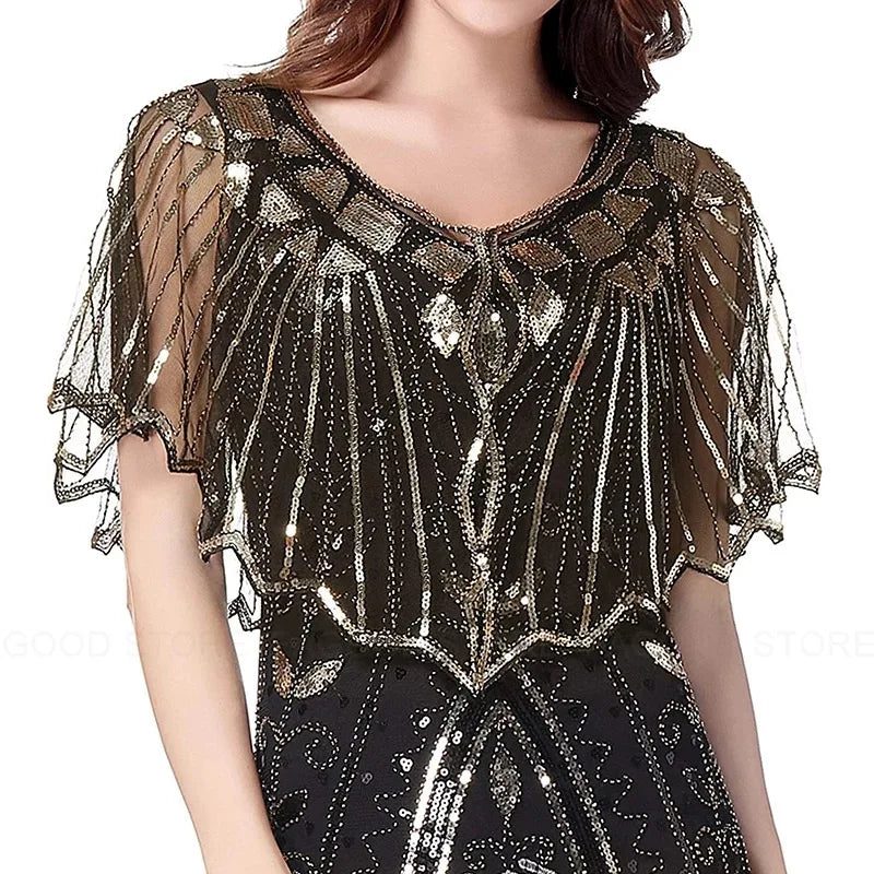 1920s retro beaded sequin flapper shawl, loose decorative short cape for evening parties, stylish ladies outerwear.