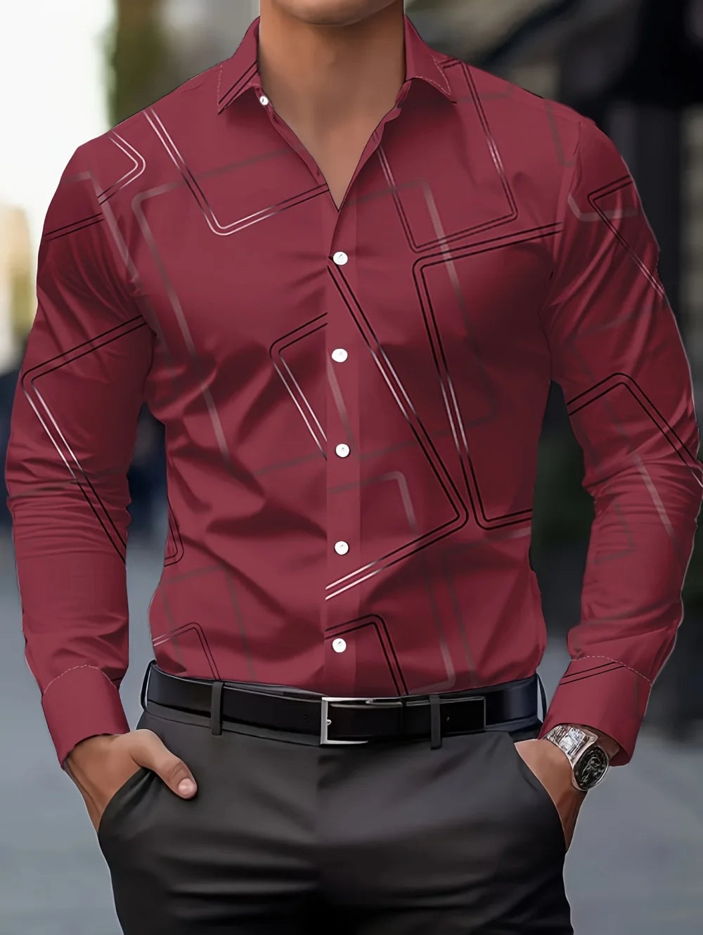 Men's long-sleeved spring shirt from Showlu Fashion, minimalist line design, business casual style, high-end European and American fashion.