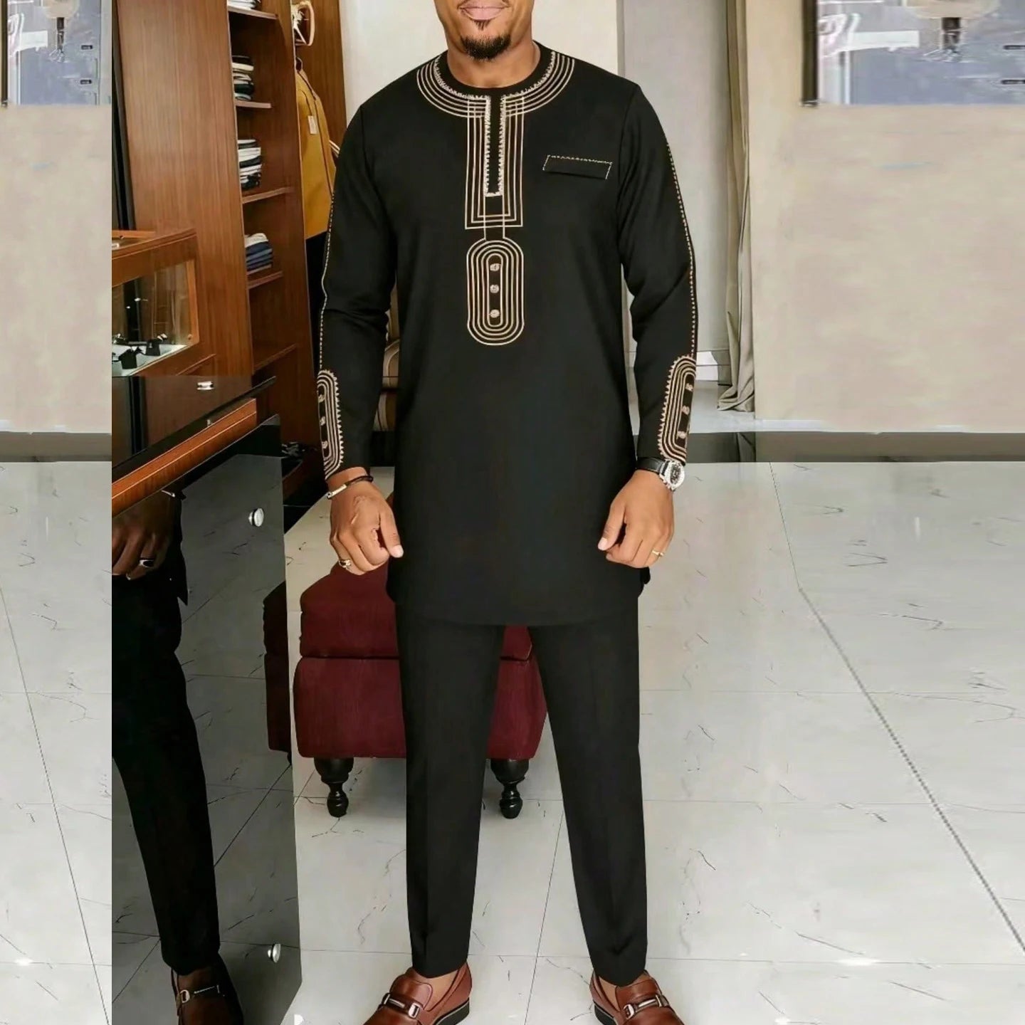 Showlu men's African cotton blend kaftan set, 2-piece wedding suit, featuring traditional design and vibrant fabric in the image.
