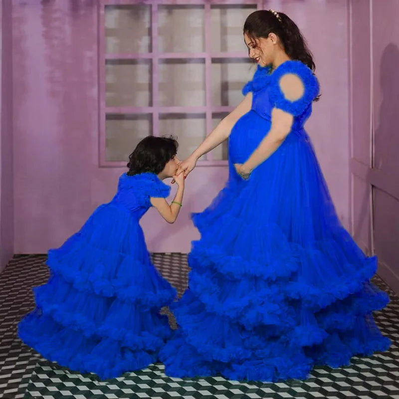 Showlu Fashion Mother and Daughter tulle prom dresses with ruffles, tiered mesh design for pregnant women and baby showers.