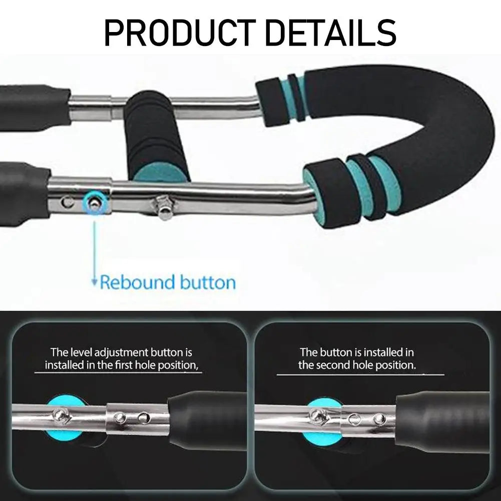 Showlu Adjustable Twister Arm Exerciser and Spring Chest Workout Bar for arm and chest muscle toning, shown in use.