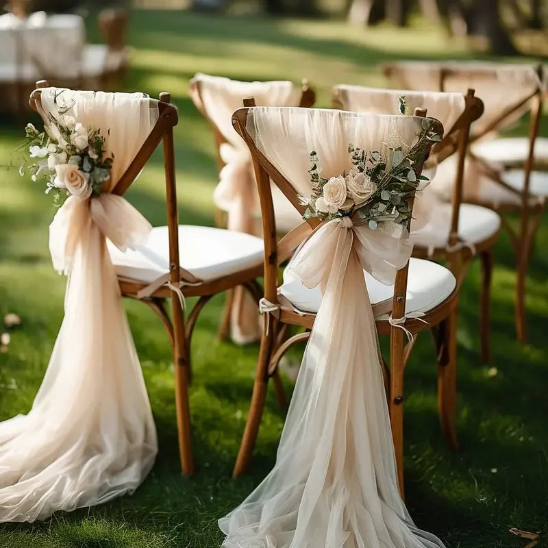 Set of 10 white gauze wedding chair sashes with bows, 200x75cm, for aisle and party chair decor, by Showlu Fashion Store.