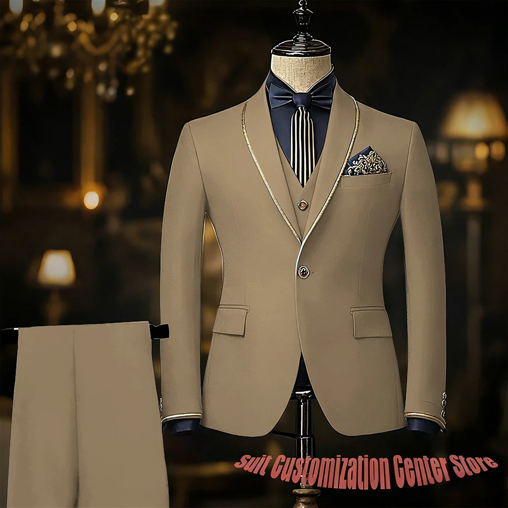 Navy blue men's slim fit tuxedo with jacket, vest, and pants featuring shawl lapel, perfect for wedding or prom attire.