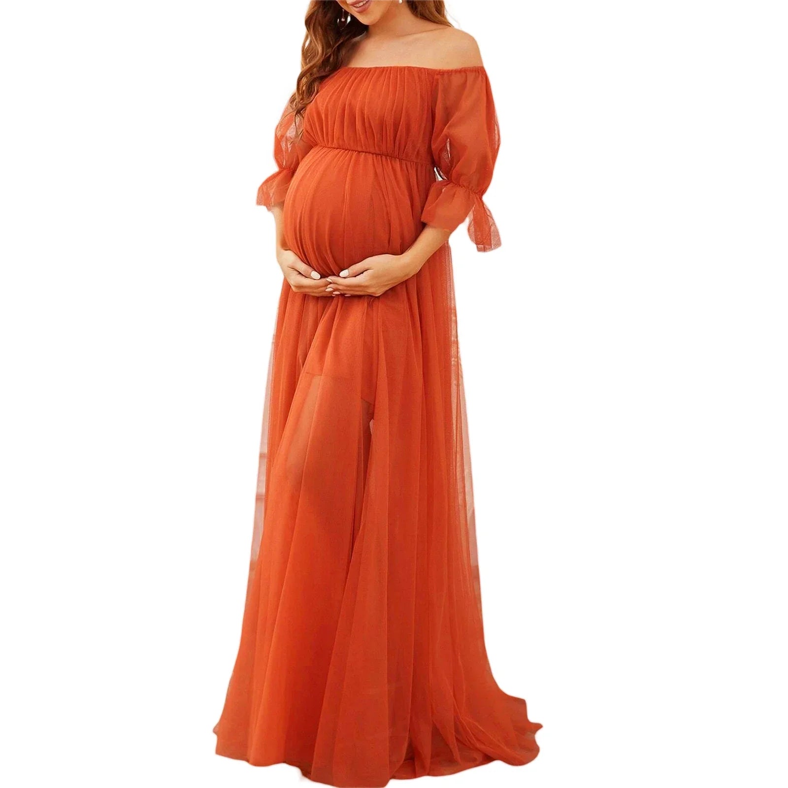 Cathery off-shoulder tulle maternity dress by SHOWLU FASHION STORE, elegant lace gown perfect for photoshoots and special occasions.