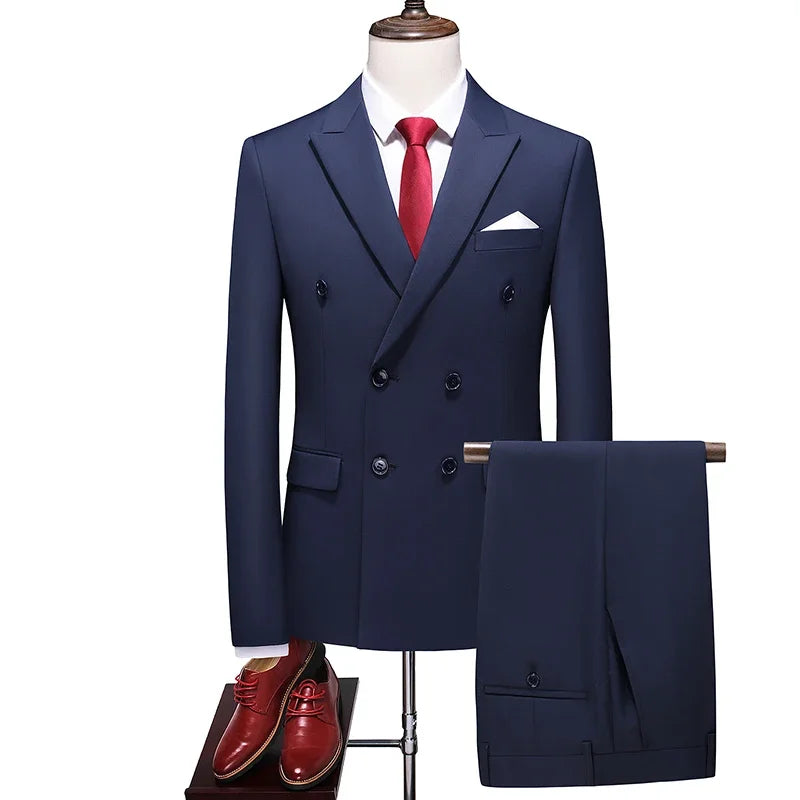Men's slim fit double-breasted suit by Showlu Fashion Store, perfect for business or wedding, stylish and tailored.