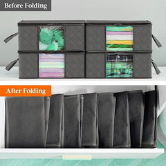 A split image showing four grey foldable storage boxes filled with items and then folded flat.
