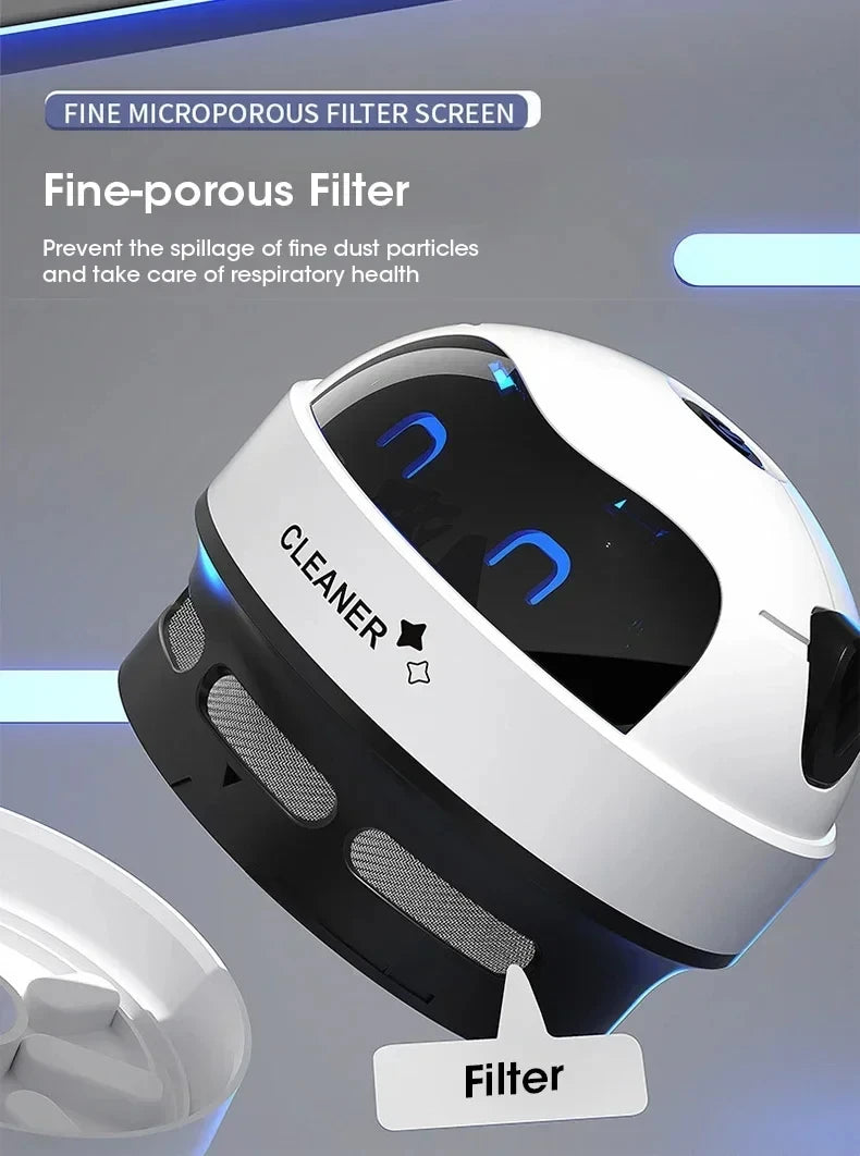 Showlu Smart General Mini USB Robot Desk Vacuum cleaning dust from a computer keyboard with its small robotic design.