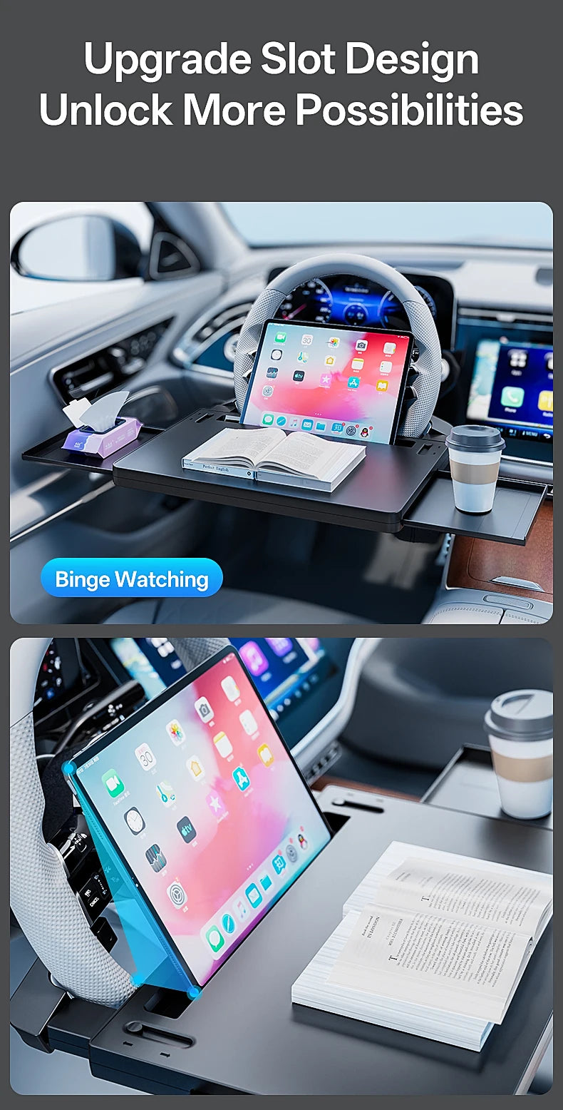 Showlu Smart General car steering wheel tray attached to steering wheel for convenient holding of snacks and beverages.