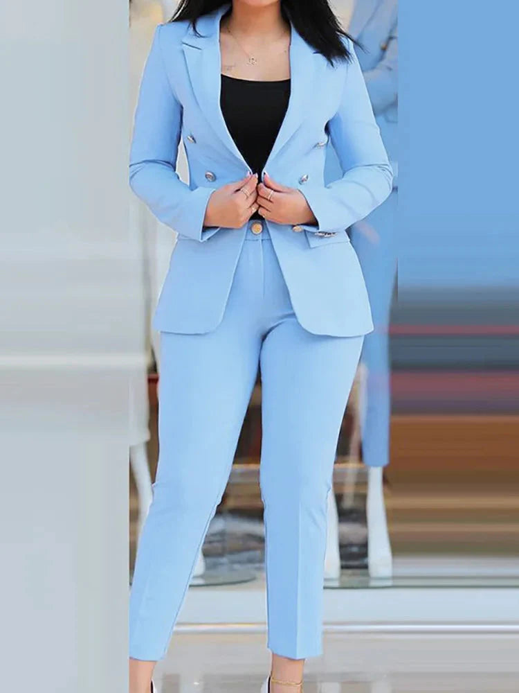 Slim fit women's pant suit with solid cardigan and pencil pants by SHOWLU FASHION STORE, styled for a modern, professional look.