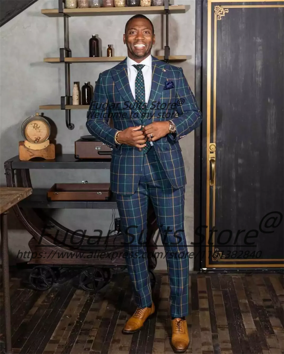 Colorful lines plaid men's suit set featuring slim fit blazer and pants, perfect for formal events and business occasions.