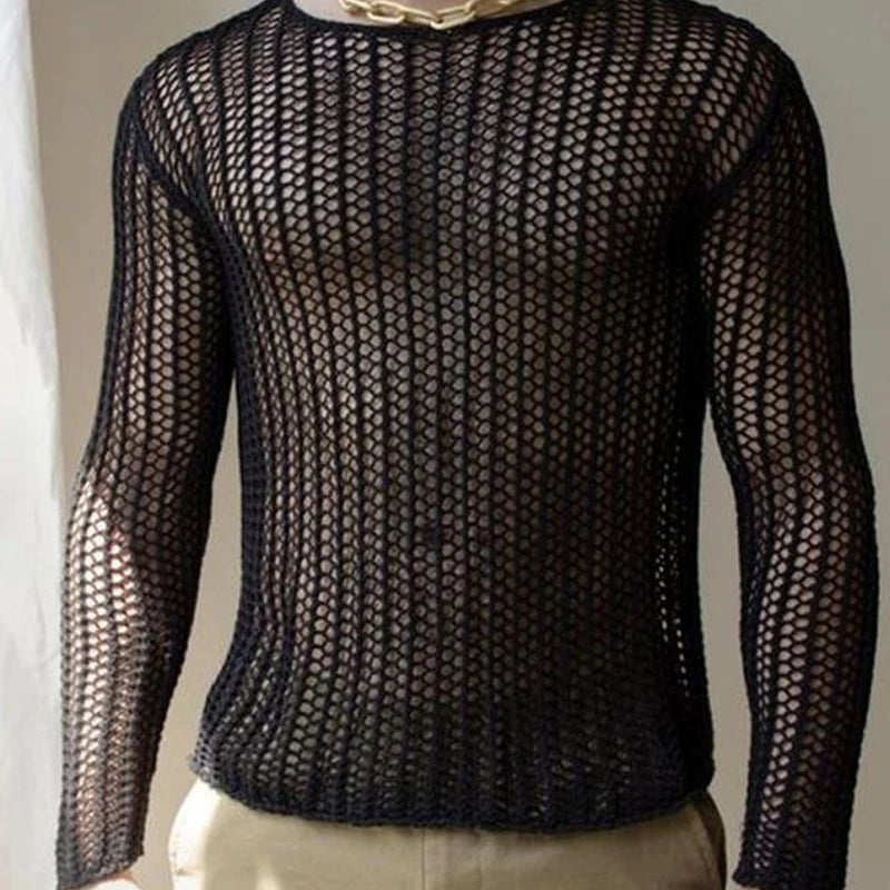 Mens Long Sleeve T-Shirts Sexy Sheer Mesh Fishnet Clubwear Tops Tee Outwear Gym Training  Hollow Out See Through Tops