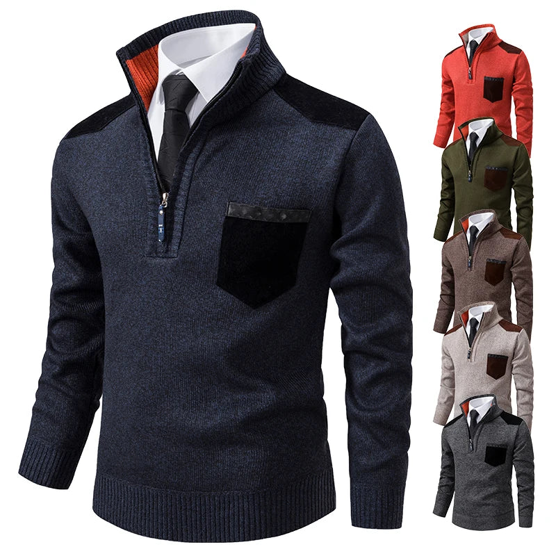 Men's cashmere pullover sweater with stand collar, half zipper, thick polo style, perfect for autumn and winter.