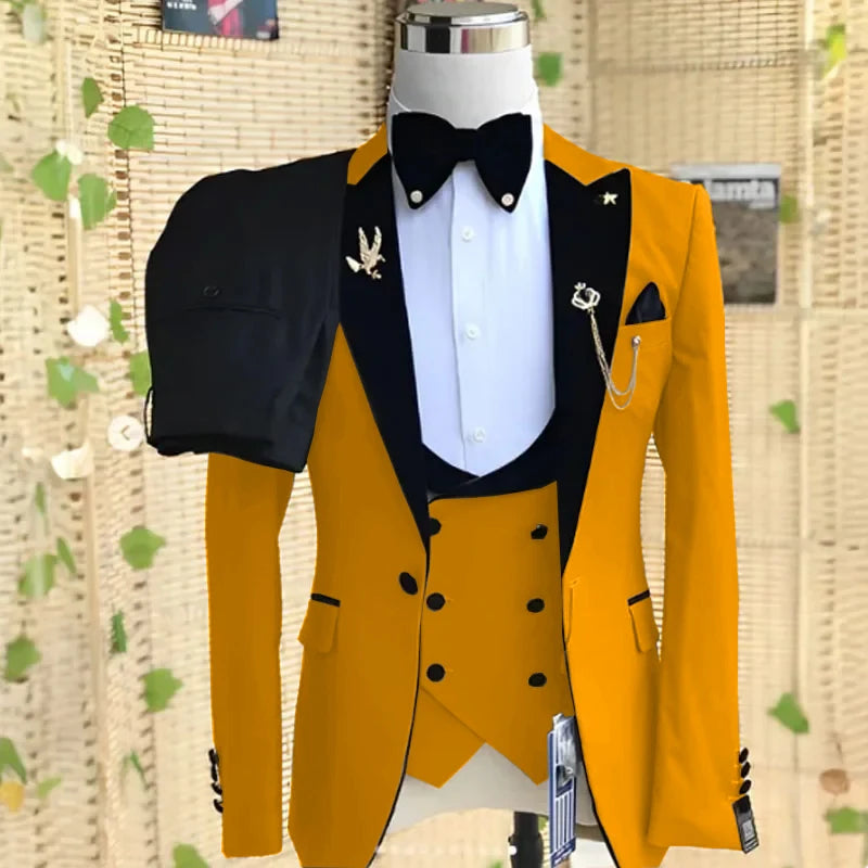 Beige formal men's 3-piece suit with peaked lapel, blazer, pants, and vest, suitable for weddings, business, and parties.