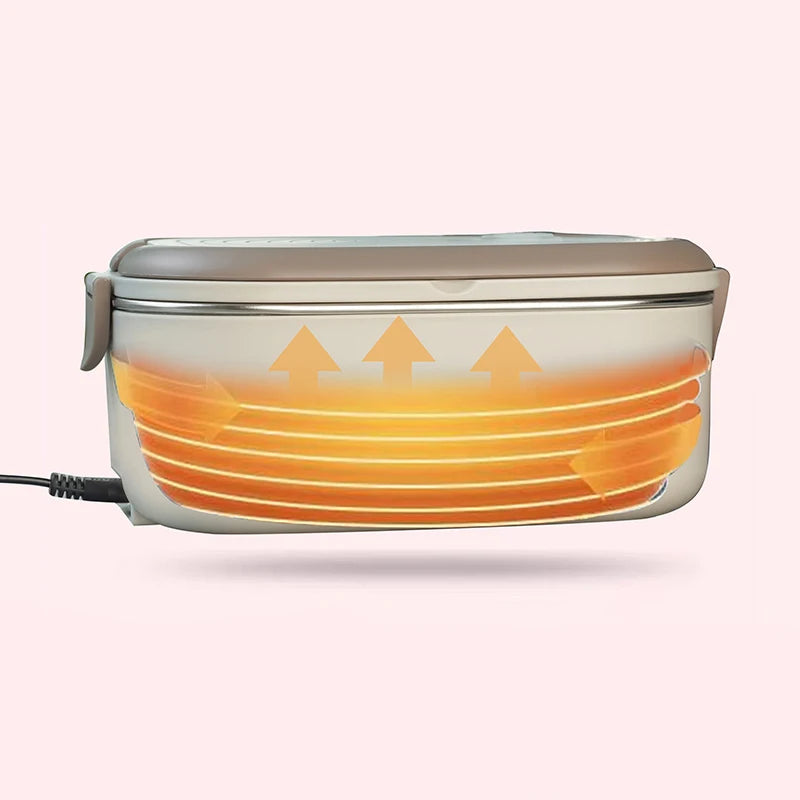 Stainless steel electric lunch box with 220V/110V heating element, compact design, EU and US plugs, for school and office use