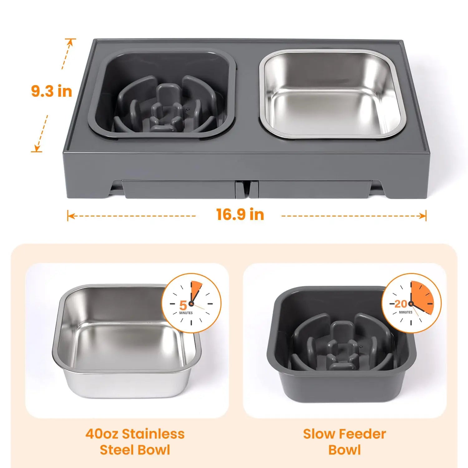 Elevated 2-in-1 slow feeder dog bowls with non-slip stainless steel and plastic, foldable stand for food and water.