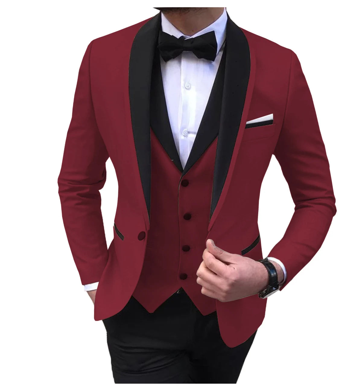 Showlu Smart General men's burgundy 3-piece suit with blazer, vest, and pants, suitable for formal weddings, proms, and groomsmen.
