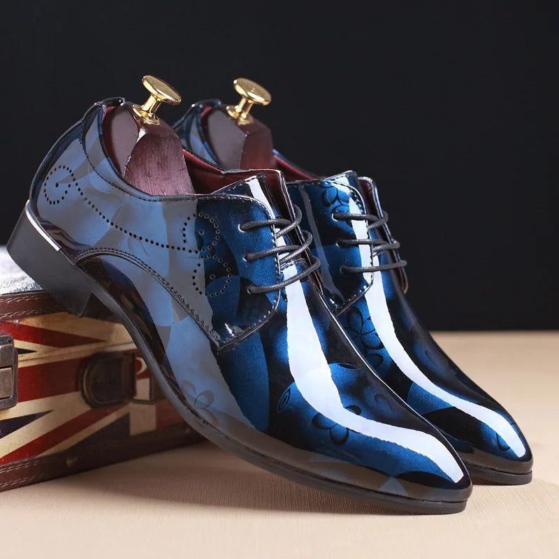 Men's floral-patterned patent leather oxford shoes by Showlu Fashion Store, perfect for formal weddings and dress occasions.