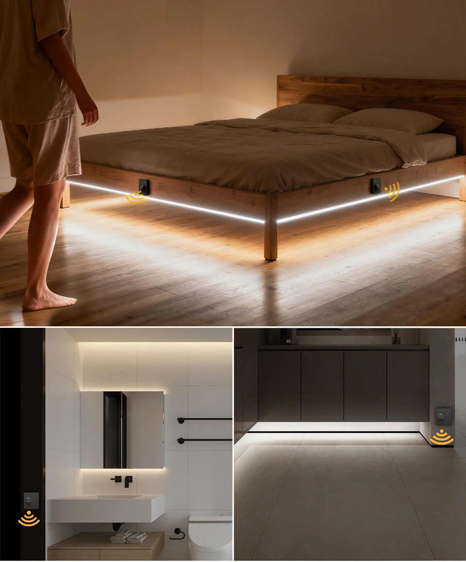 Showlu Smart COB Motion Sensor LED Strip Light Kit showing flexible white LED strip with motion sensor and power adapter.