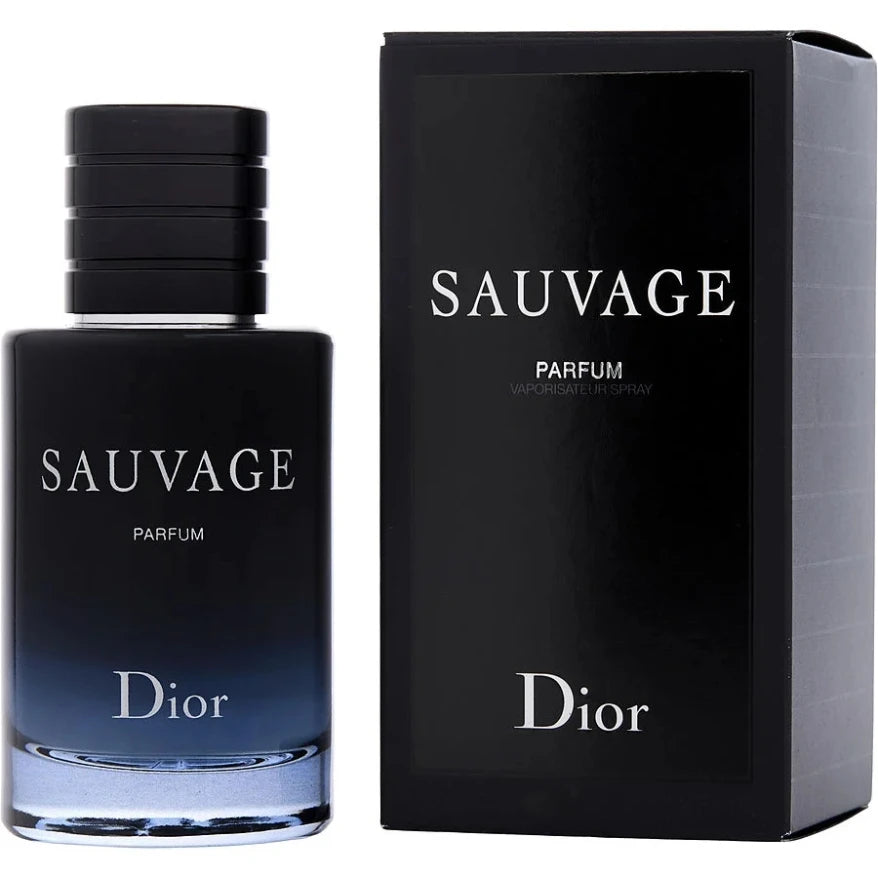 Dior Sauvage men’s parfum spray, 100ml, featuring sleek bottle design and long-lasting fragrance for men.