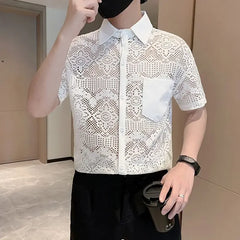White Men's Shirt with Pocket Half Sleeve Plain Male Shirts Aesthetic Original Designer Collar Korean Style Casual New in Sale