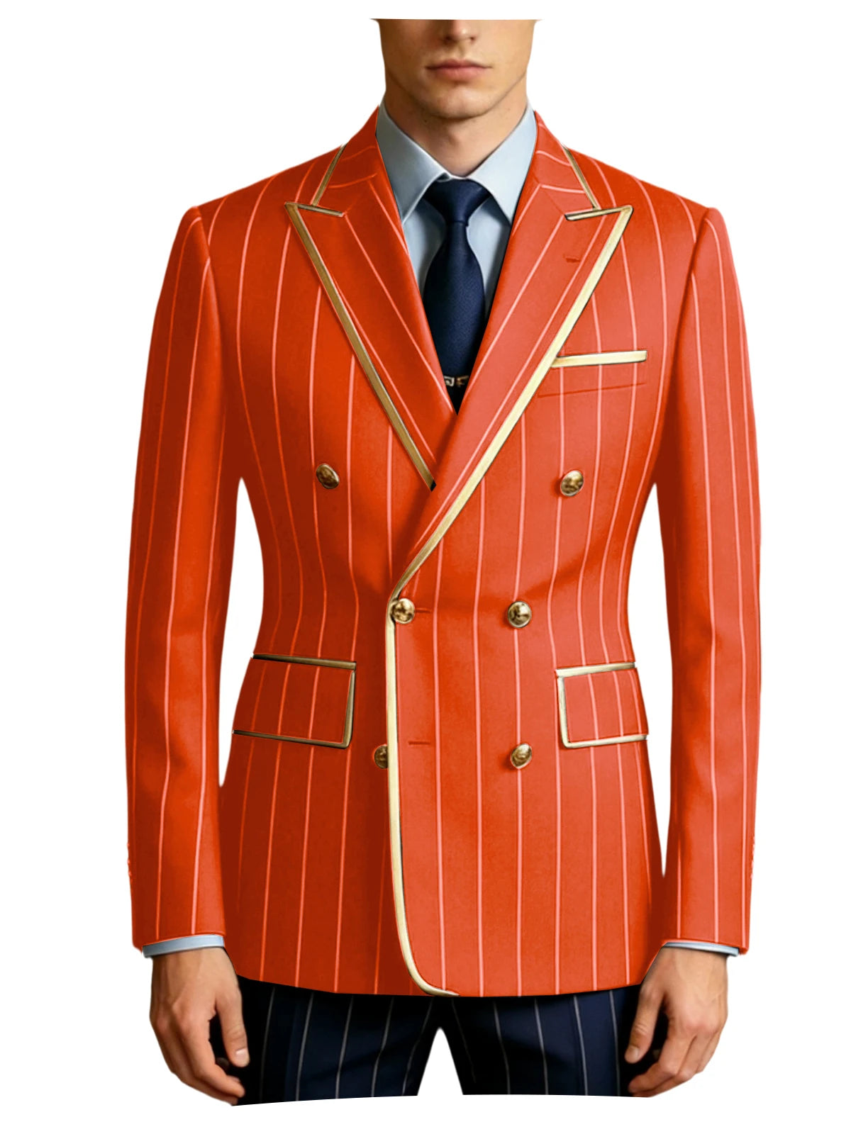 Men's Pinstripe Blazer Double Breasted Gold Trim Slim Fit Suit Jacket Peak Lapel Business Formal Tuxedo Coat for Wedding Prom