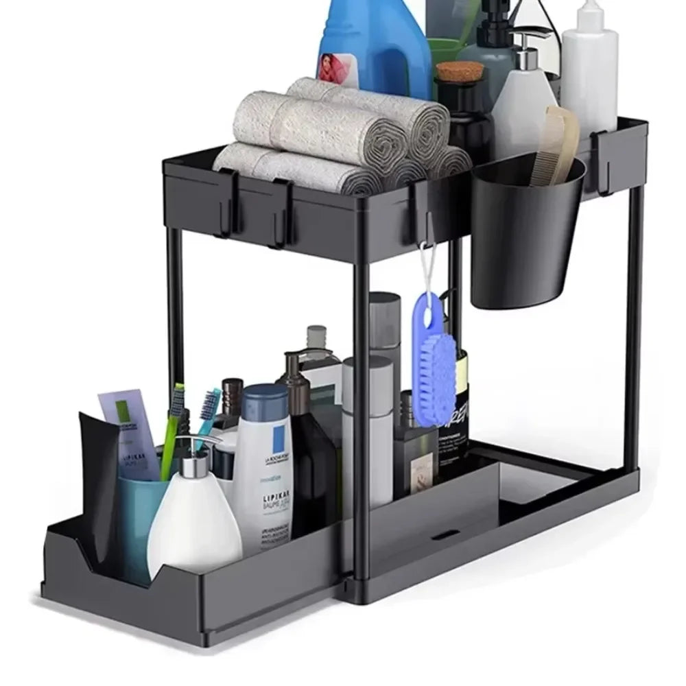 Showlu Smart General under sink organizer rack with multiple compartments for kitchen or bathroom storage.