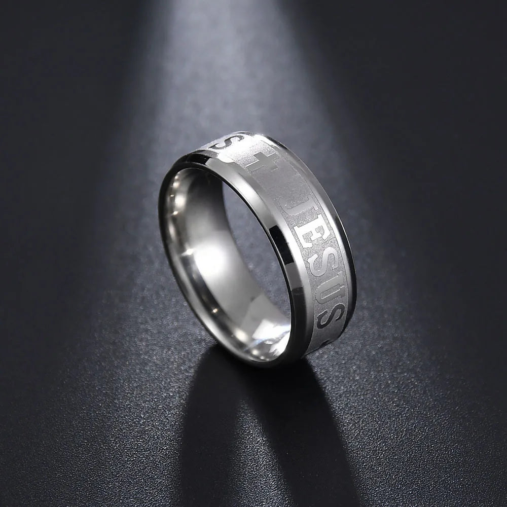 Showlu stainless steel 8mm Jesus cross ring featuring Christian religious design, shiny band, and detailed engraved cross.