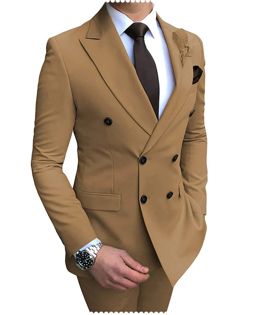 Beige men's 2024 suit set with blazer and pants, slim fit, double breasted tuxedo with notch lapel for wedding or casual wear.