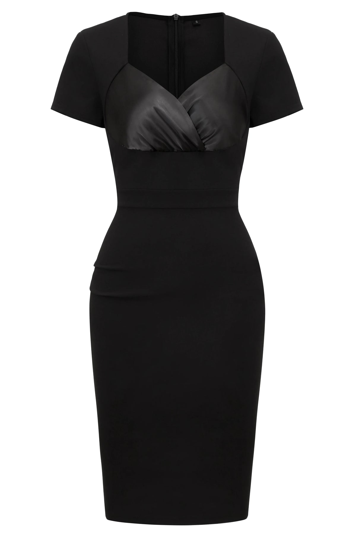 A black knee-length sheath dress with short sleeves and a satin-textured sweetheart neckline.