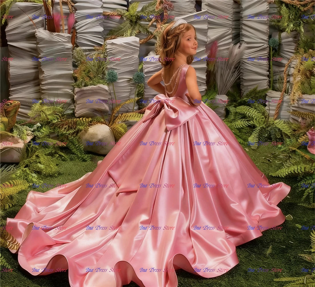 Elegant Red Flower Girl Dress Quality Satin Fluffy Pearl Princess Ball Beauty Little Girls Birthday Party Evening Ball Gowns