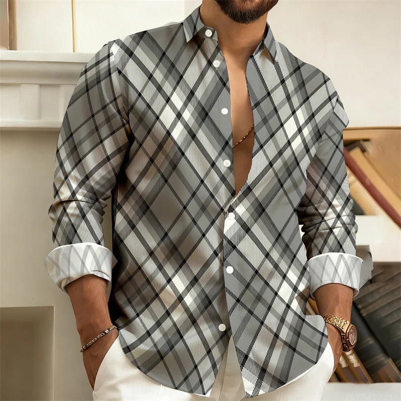 Men's plaid long-sleeved casual shirt from Showlu Fashion, stylish and comfortable top in sizes S-6XL with trendy design.