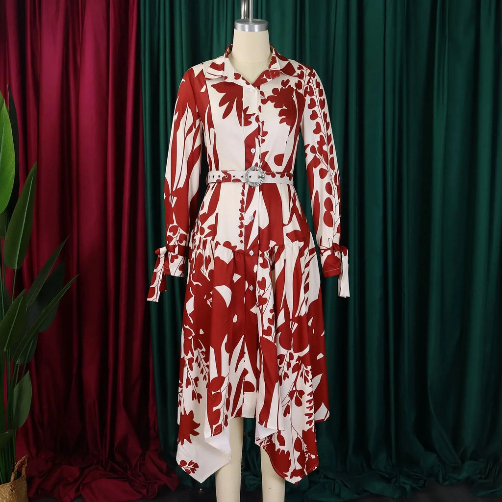 SHOWLU Women's printed asymmetric maxi dress with long sleeves, shirt dress style, featuring vibrant floral patterns and comfortable fit.